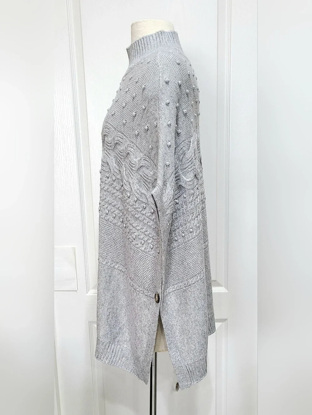 Talbots Cable Knit Mockneck Poncho Sweater Gray Bobble Popcorn Sz Small NWT